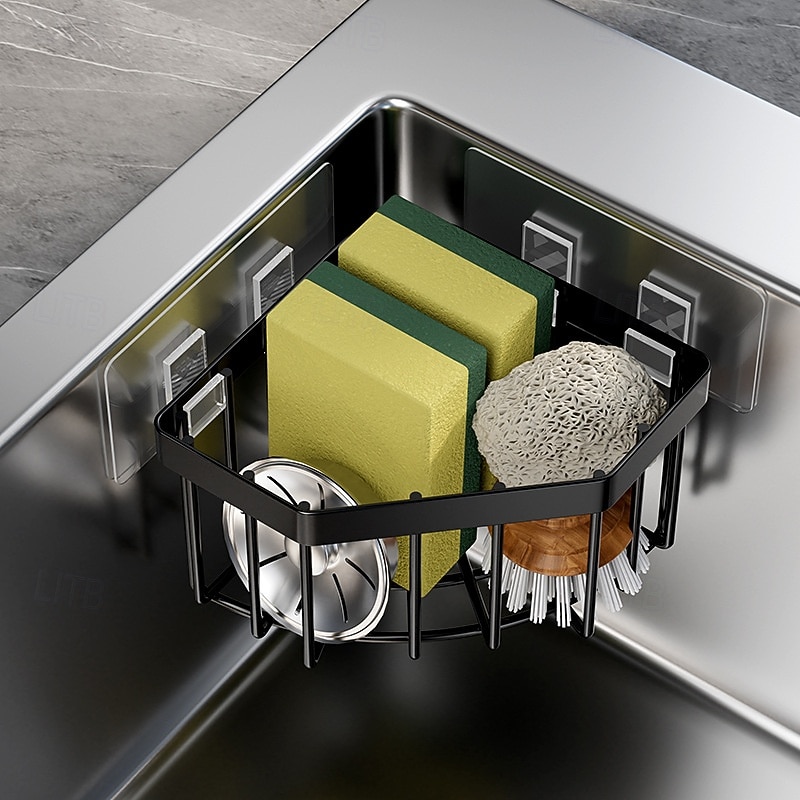Plassbesparende kjøkkenvaskorganisator, kraftig trekantet avløpsstativ med svampholder, oppvaskstativ og skjærebrettspor, veggfeste, rustfritt stål, slitesterk konstruksjon, enkel å rengjøre, moderne 2026 - $13.99 –P2