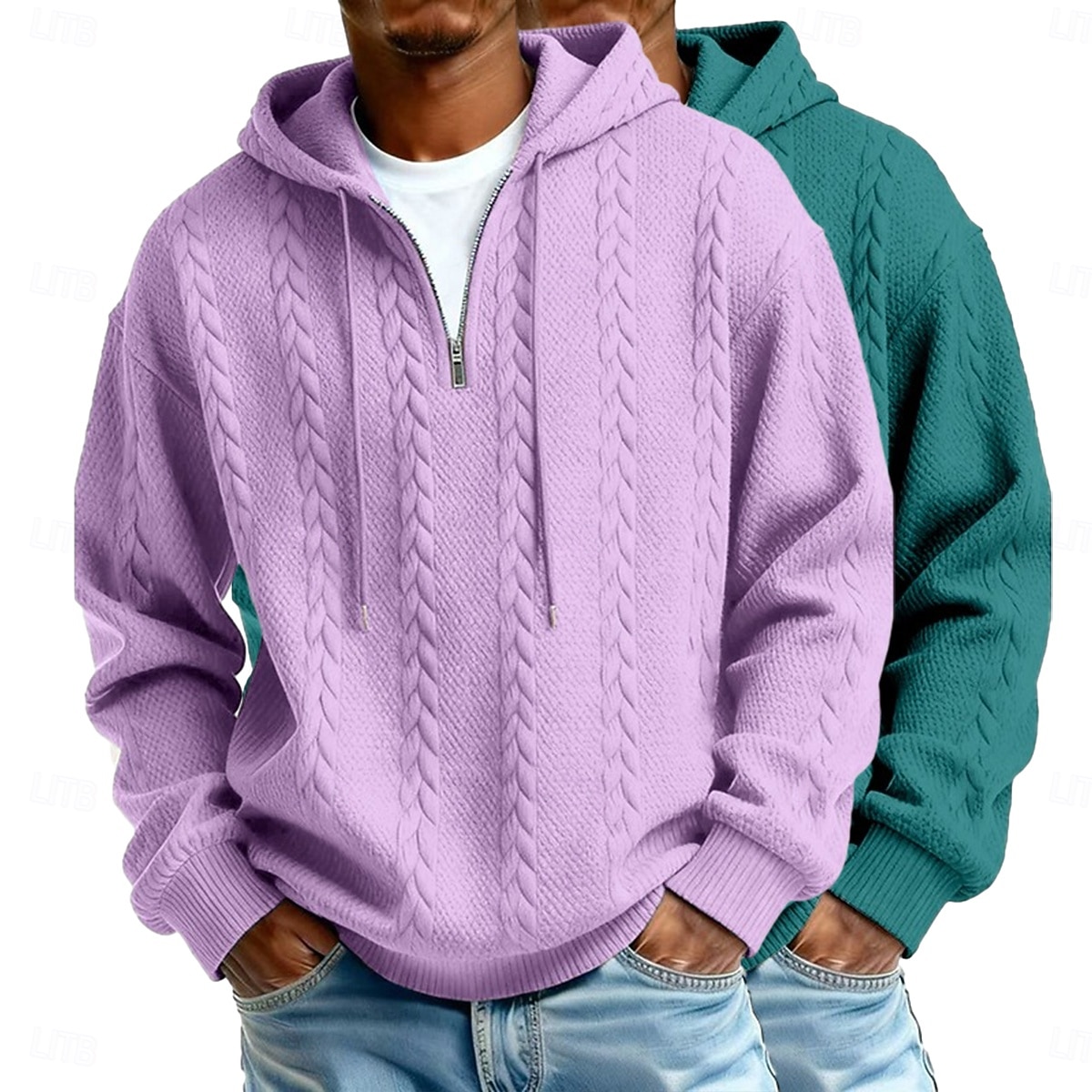Herre Jacquard Hattetrøje Hettegenser med glidelås Lyseblå + svart Hvit+lys grå Med hette عادي Med Tekstur Avslappet Daglig Sport & Utendørs Polyester Gatemote Kul Sportsklær Høst vinter Vår & Vinter 2026 - $47.99 –P2