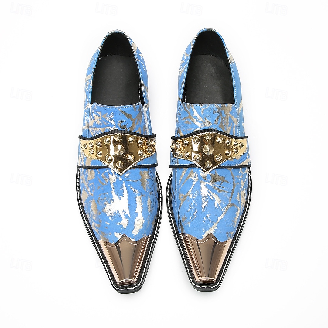 Mocasines de piel patentada azul y dorada para hombre, elegantes detalles de hebilla, zapatos de vestir para negocios y eventos. 2026 - $119.99 –P7