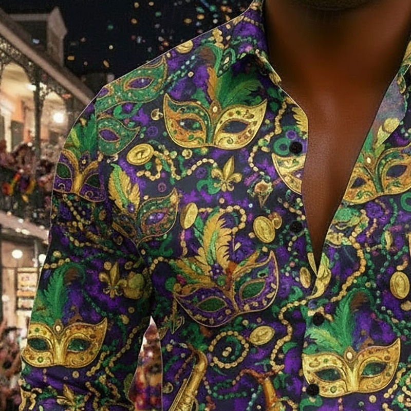 קרנבל בגדי ריקוד גברים גראפי מסכה עם נוצות חולצה חולצה עם כפתורים חולצת חוף שרוול ארוך הוואי יום יומי נוח חופשה חגים מארדי גרא קיץ אביב צווארון מתקפל מדפיס סגול 2026 - $27.99 –P2