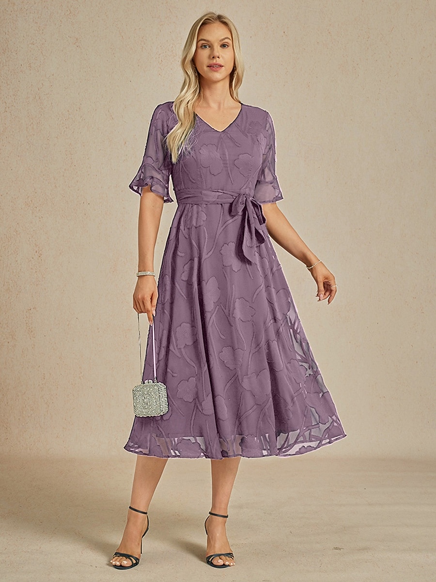 Damen Midikleid Chiffonkleid Elegant Flattrige Ärmel Urlaub Hochzeitsgast Date Tasche Illusionsspitze Normale Passform Blumen Halbarm V Ausschnitt Violett 2026 - $103.99 –P4