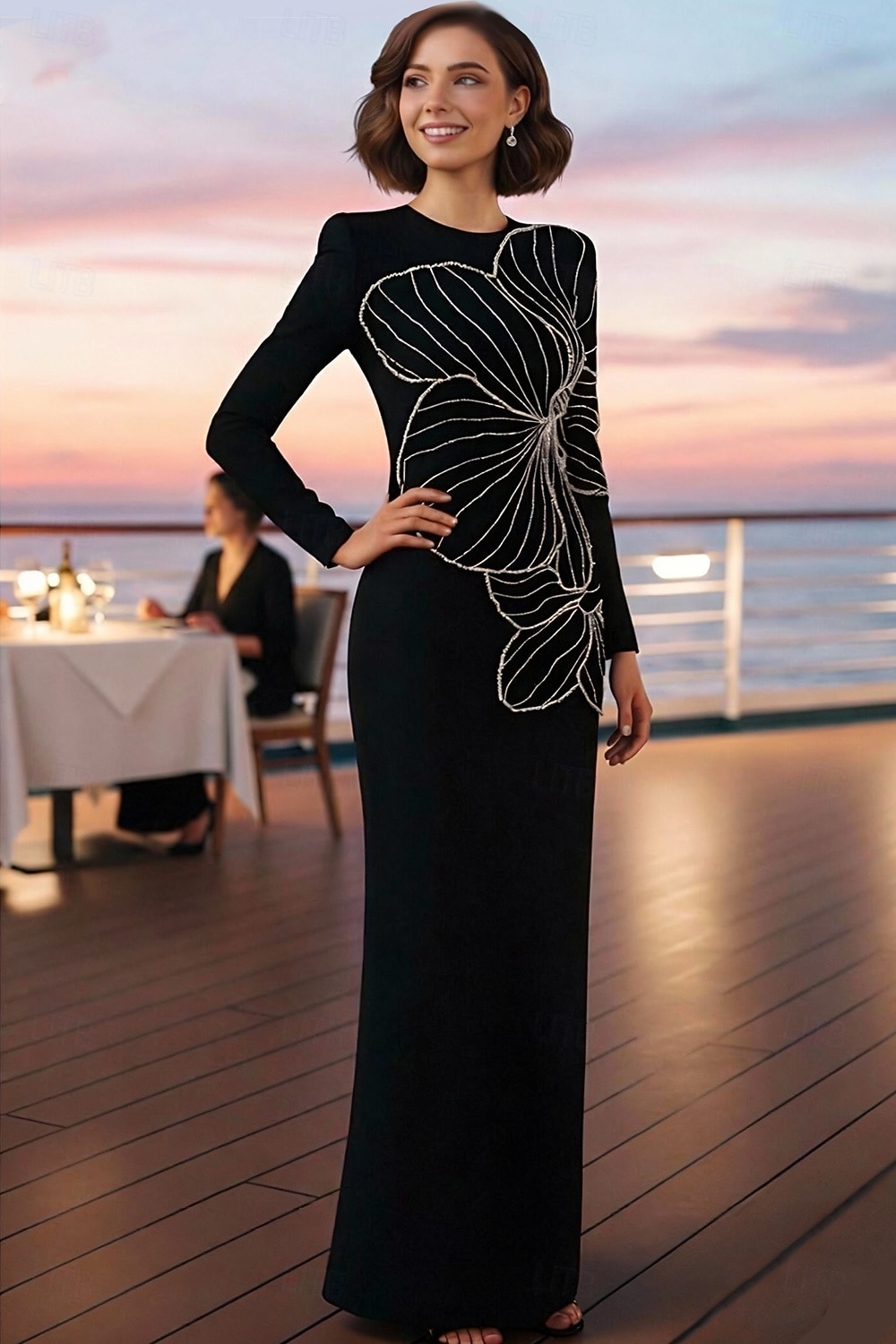 Abito a tubino colonna lungo fino al pavimento abiti formali abito da sera abito da sera elegante maniche lunghe scollo tondo formale con cristalli e perline del 2026 a $195.99 –P1