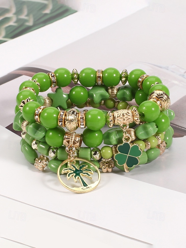 Conjunto de pulseiras femininas para o Dia de São Patrício, pulseiras empilháveis de várias voltas com contas verdes, estilo trevo da sorte, materiais de liga metálica e cristais sintéticos, joias festivas irlandesas para mulheres. de 2026 por $9.99 –P12