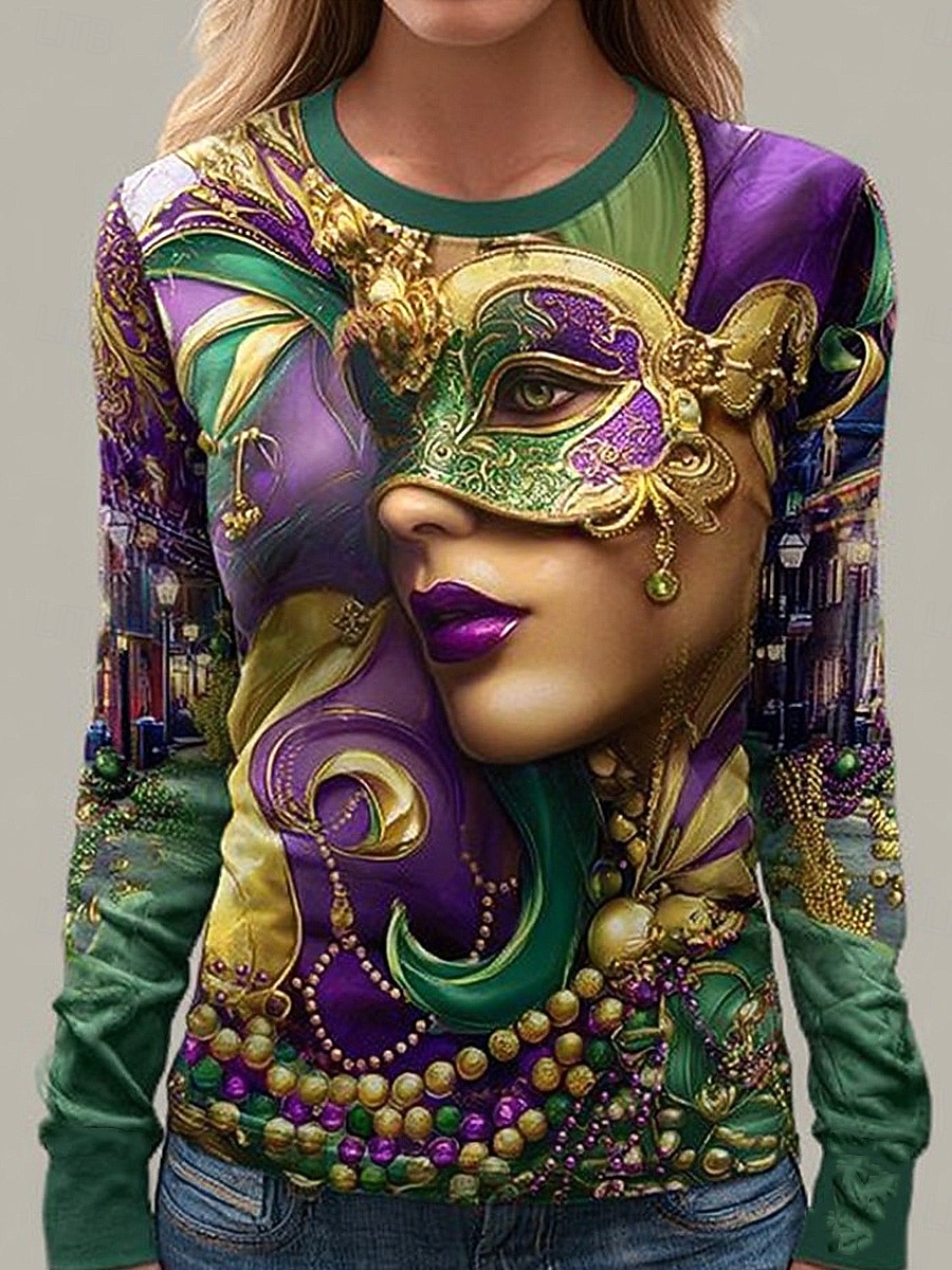 Karnavalové dámské tričko s potiskem grafika geometrické vintage stylové moderní dlouhý rukáv klasický výstřih běžné topy denní víkendový potisk purpurová léto jaro 2026 - $24.99 –P3