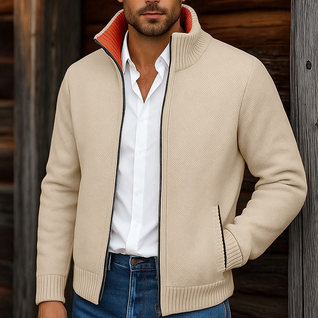 Муж. Вязаная ткань Кардиган Свитер на молнии Свитер Куртка флисовый свитер Рельефный узор Вязать Обычные топы Классический Флис Сплошной цвет Вырез под горло 2026 - ₩43524 –P1