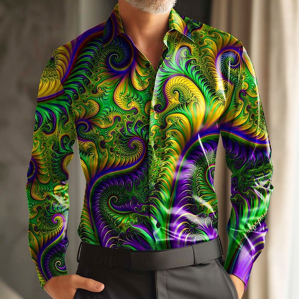 Mardi Gras Pánské Barevná Karneval Maska s peřím Košile Saténová košile Košile k obleku Dlouhý rukáv Móda pro volný čas Párty Dovolená Léto Jaro Přehnutý 3D tisk Košile na knoflíky Černá Fialov 2026 - $29.99 –P2