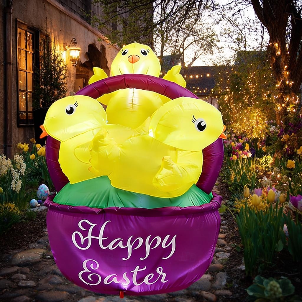 húsvéti felfújható dekoráció led lámpákkal 1,5 m / 5 láb három csibe virágkosár beltéri/kültéri udvar kert gyep party ünnepi hangulat dekoratív fények kellékek 2026 - $73.99 –P2