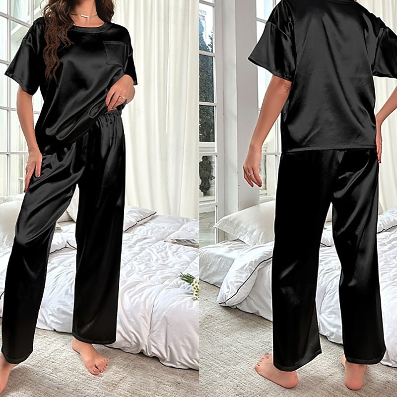 Mujer Ropa de salón Conjunto pijama Moda Casual Suave Color puro Retazos Pantalón Hogar Vacaciones Manga Corta Cuello Barco Azul Piscina Negro Vino Morado Caqui Verano Primavera Otoño Ajuste regular 2026 - $37.99 –P1