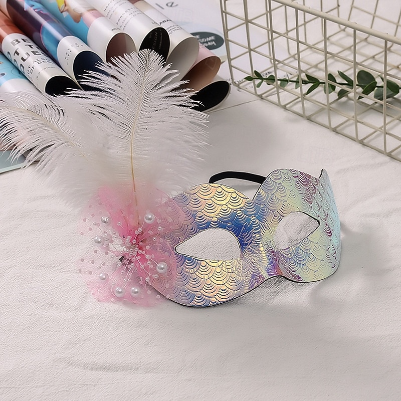 Női kék-zöld fényes tollas álarc a Mardi Gras-ra – Elegáns velencei karneváli jelmez kiegészítő textúrált mintával bulikhoz és bálokhoz 2026 - $11.99 –P4