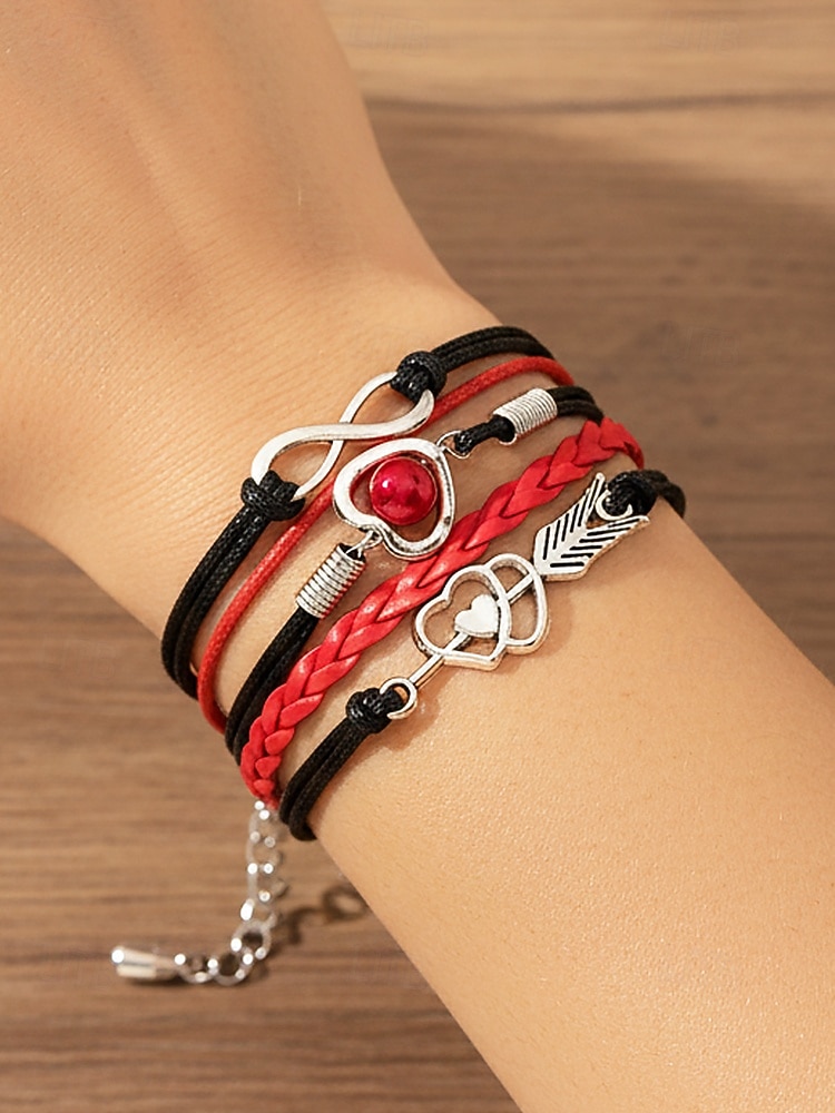 Dámské náramky z bohémské slitiny a umělé kůže, vícebarevné s přívěsky ve tvaru srdce a nekonečna – ideální na Valentýna i pro běžné nošení 2026 - $7.99 –P5