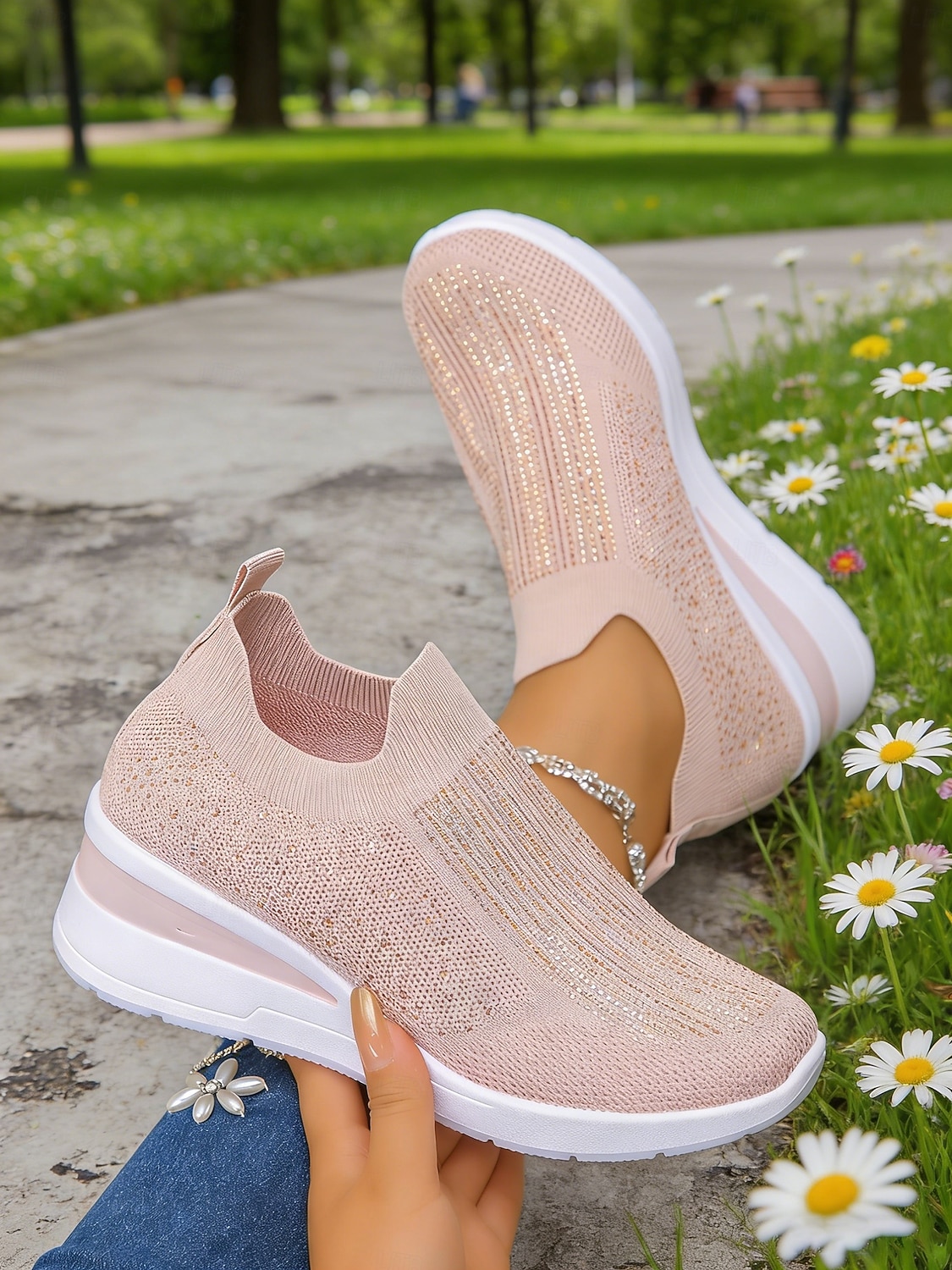 Women's Sparkle Pink Flyknit Platform Sneakers – Stylish Lightweight Knit Shoes for Walking, Shopping, Travel and Daily Wear 2026 - $34.99 –P1