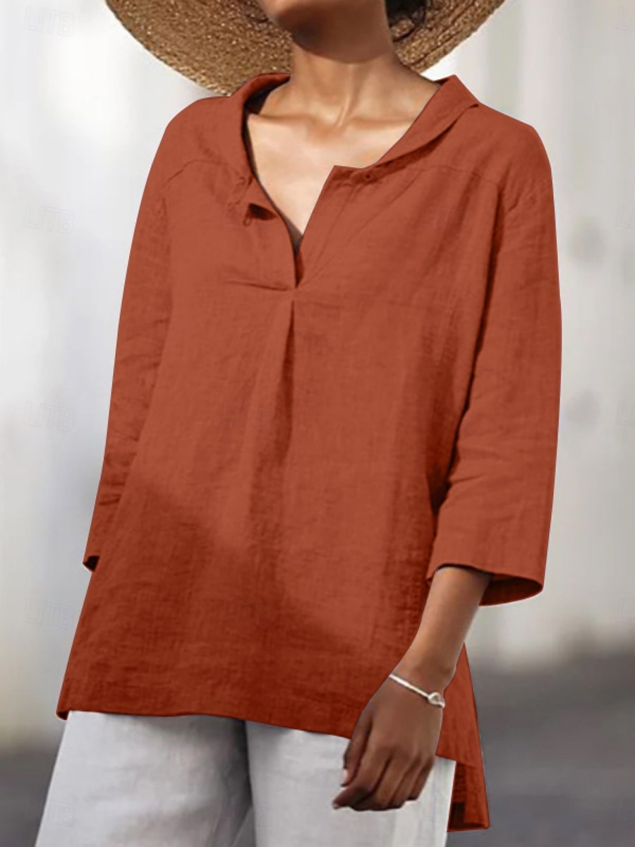 Women's Blouse Faux Cotton Linen Ruched Solid Color Stylish Casual 3/4 Length Sleeve V Neck Regular Tops Daily Black White Orange Summer Spring 2026 - $22.99 –P3