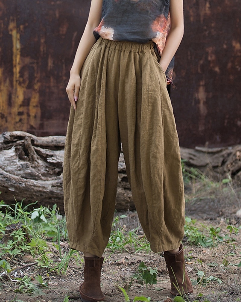 Pantaloni da donna in lino biologico con elastico in vita e tasche a lanterna del 2026 a $49.99 –P8