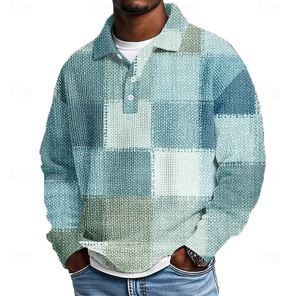 Per uomo Blocco di colori A quadri Magliette Polo a Nido d'Ape Manica Lunga Magliette polo Bavero Abbigliamento Sportivo Casual Scuola Athleisure Abbigliamento quotidiano Stampa 3D Primavera Autunno del 2026 a $28.99 –P3