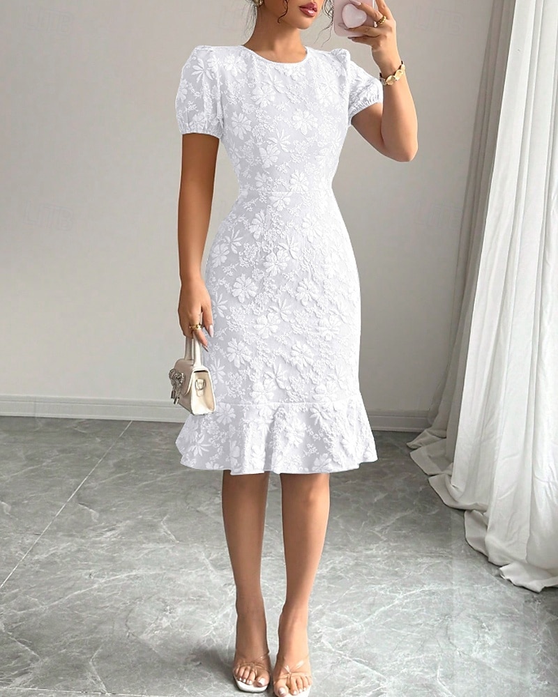Women's White Lace Bodycon Dress Midi Crew Neck Short Sleeve Regular Fit Flowy Party Spring Summer Women's White Lace Bodycon Dress Midi Crew Neck Short Sleeve Regular Fit Flowy Party Spring Summer