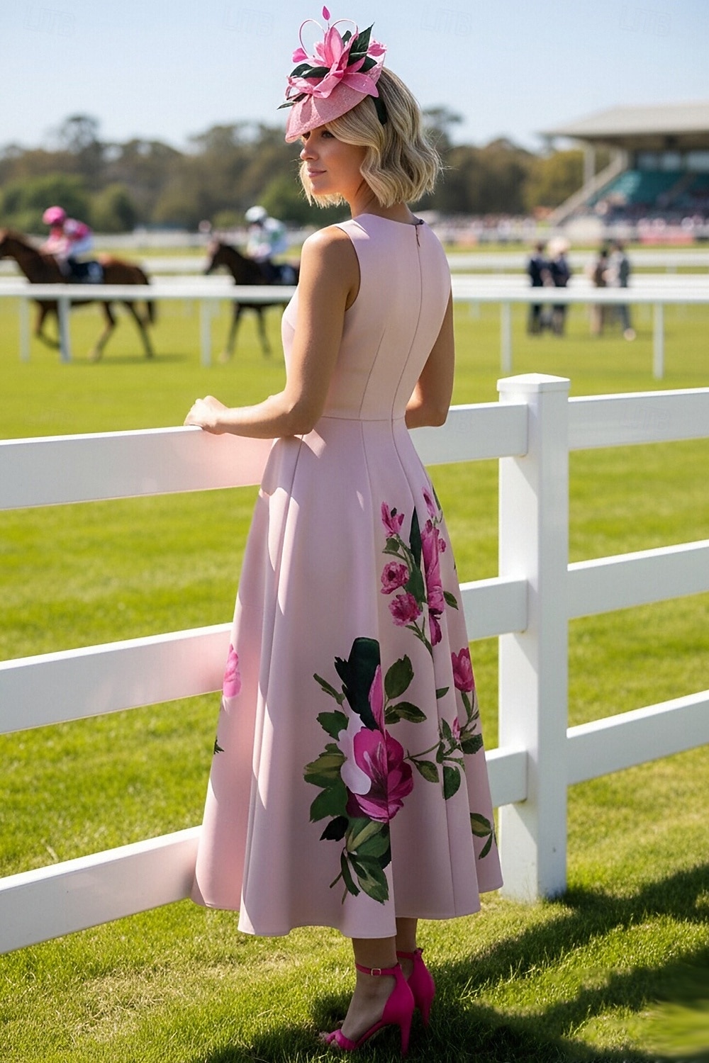 Linea ad A Lunghezza Tè Abito Derby Abito da cerimonia per signora Senza Maniche Scollo a V Elegante Vintage Derby del Kentucky Raso con Fiore Stampa del 2026 a $183.99 –P2
