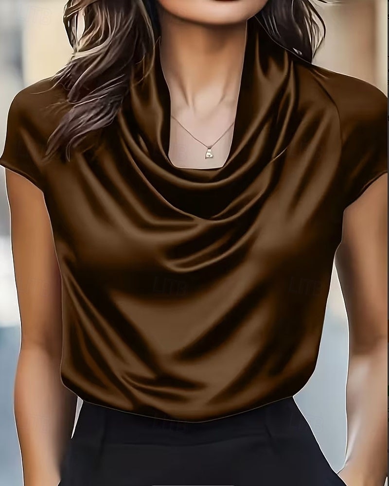 Női Ing elegáns Szatén felső Nyári felsők Fodrozott Kollázs Ráncolt Tömör szín Sima Elegáns Szüret Napi Rövid ujjú Aszimmetrikus Normál felsők Napi Munka Szabadság Fekete Fehér Bor Barna Nyár Tavasz 2026 - $25.99 –P3