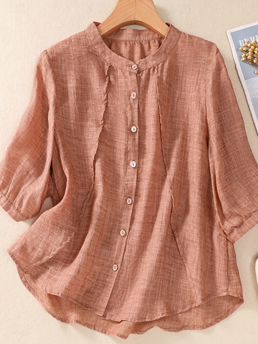 Γυναικεία Μπλούζα Λινό από ψεύτικο βαμβάκι Κεντητό Κουμπιά Φλοράλ Στυλάτο Καθημερινό 3/4 Μήκος Μανικιού Μανδαρίνο Κολλάρο Κανονικά μπλουζάκια Καθημερινά Ανθισμένο Ροζ Βυσσινί Πορτοκαλί Χακί 2026 - $34.99 –P6