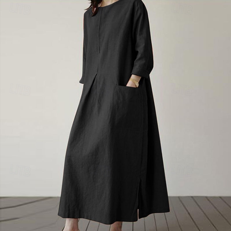 Mujer Vestido Midi Lino de algodón sintético Vestido de cambio Vestido informal Elegante Moda Moderno Diario Vacaciones Noche Ajuste regular Plano Manga Larga Cuello Barco Negro Verde Ejército 2026 - $28.99 –P5