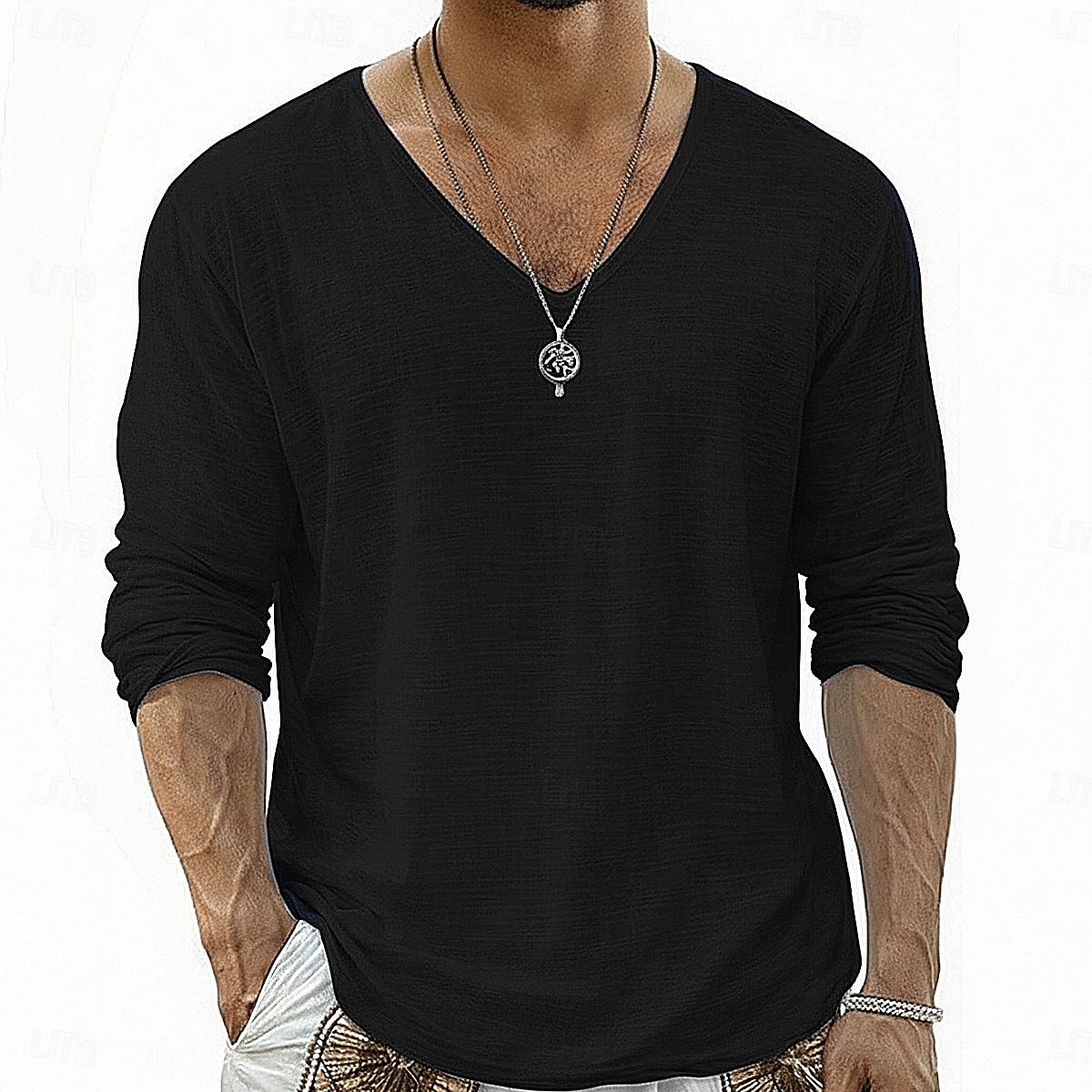 Муж. Футболка Футболка из льна Длинный рукав V-образный вырез Лето Весна Весна лето Сплошной цвет Полотняное плетение Повседневные На каждый день Уличный стиль Гладкая ткань 2026 - $20.99 –P10