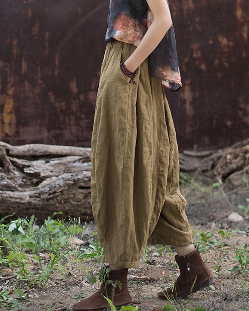 Pantaloni da donna in lino biologico con elastico in vita e tasche a lanterna del 2026 a $49.99 –P10