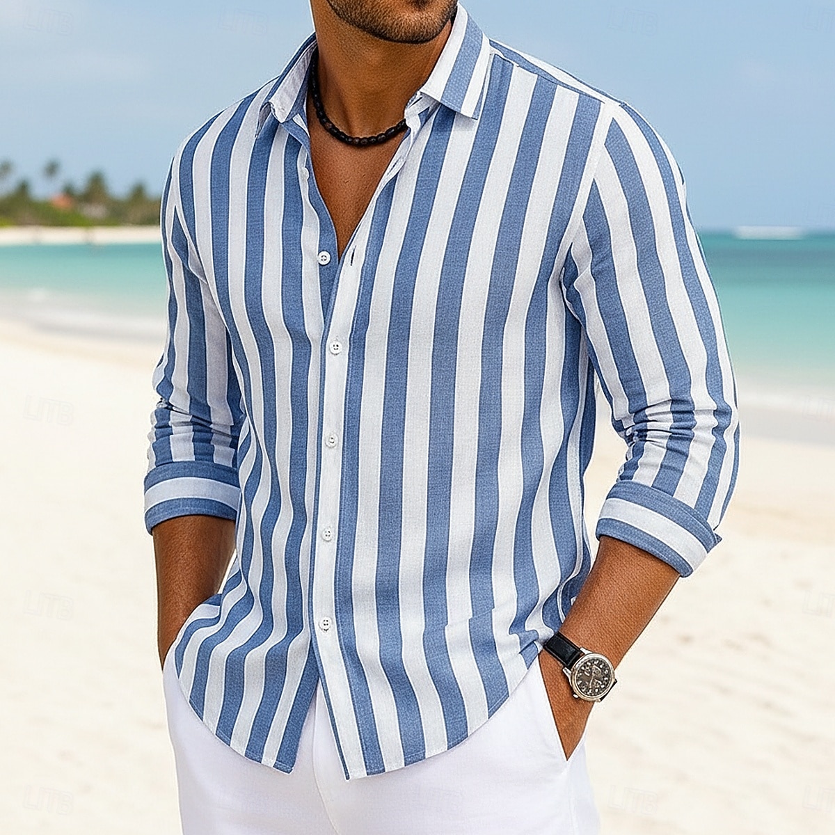 Per uomo Camicia Camicia di lino Camicia Estiva Camicia da Spiaggia Camicia in cotone e lino Camicie a righe A righe Casuale Abbigliamento casual alla moda Blu Rosa Verde Cachi Manica Lunga Collo del 2026 a $21.99 –P5