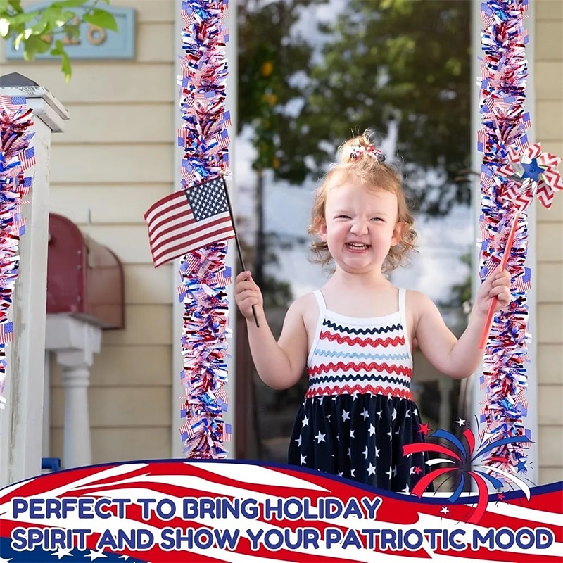 66 Ft Patriotic Tinsel Garland with American Flags, Thick & Fluffy Red White Blue Metallic Garland for 4th of July Independence Day, Memorial Day Decorations, USA Home Party Supplies Decoration 2026 - $26.99 –P4