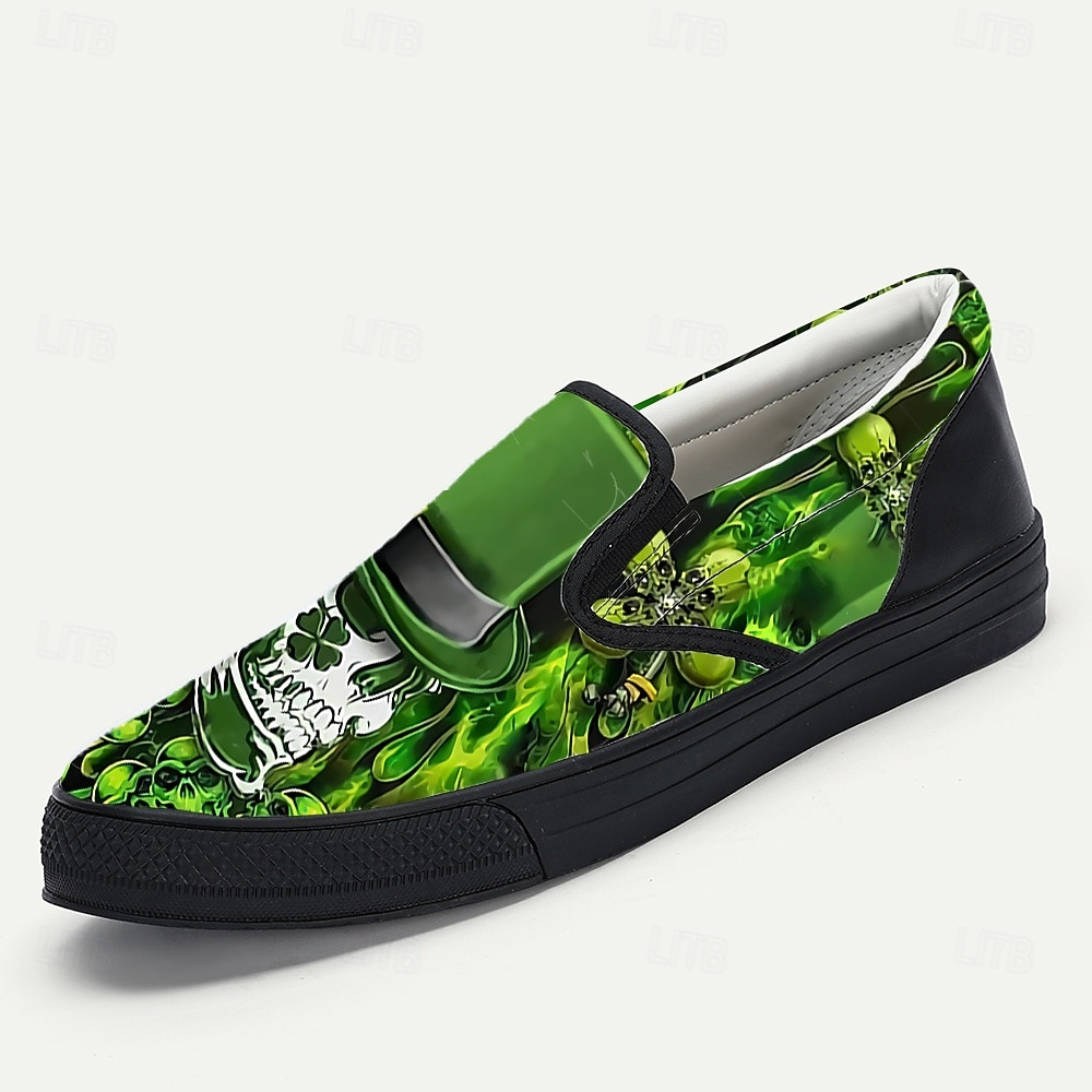 Ανδρικά πράσινα φλοράλ slip-on παπούτσια – μοναδικό σχέδιο με νεκροκεφαλή και τριφύλλι, άνετα και κομψά υποδήματα για την ημέρα του Αγίου Πατρικίου και casual γιορτές 2026 - $46.99 –P3