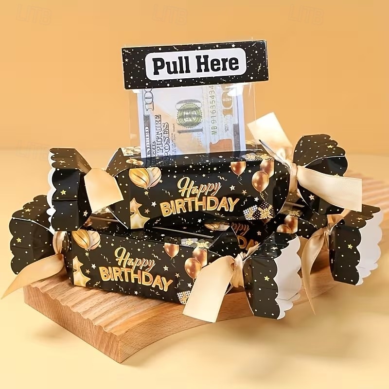 Balení 4 černo-zlatých vytahovacích dárkových krabiček k narozeninám, dárkové balení s překvapením v podobě hotovosti, ideální pro bytové dekorace, oslavy narozenin dospělých, výročí a dárky k 2026 - $16.99 –P8