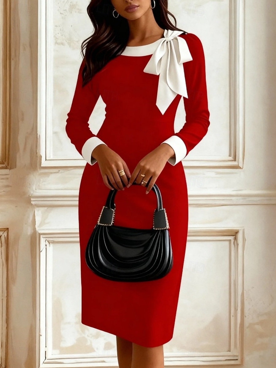 Γυναικεία Μίντι φόρεμα Φόρεμα Bodycon κοκτέιλ Ημιεπίσημα φορέματα Γραφείο Κανονικό Γραφική Μακρυμάνικο Στρογγυλή Ψηλή Λαιμόκοψη Μαύρο Λευκό Ρουμπίνι Καλοκαίρι Φθινόπωρο 2026 - $29.99 –P3