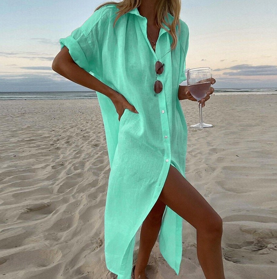 Per donna Abito Midi Vestito Estivo Abito a Tubino Abito Estivo Spiaggia Quotidiano Ferie Vestibilità comoda Semplice Manica Corta Bavero Bianco Rosa Verde Estate del 2026 a $34.99 –P2