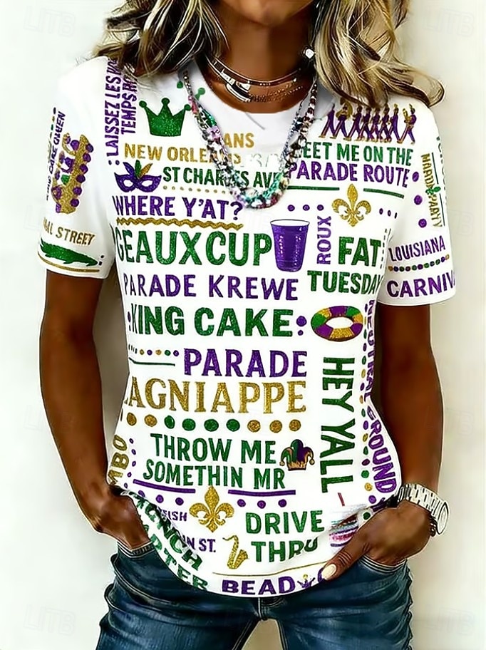 Karneval Mardi Gras Dámské Tričko Tisk Grafika Vinobraní Módní stylové Krátký rukáv Tričkový Běžné topy Denní Černá a červená Bílá Žlutá Světle zelená Fialová Léto Jaro 2026 - $22.99 –P2