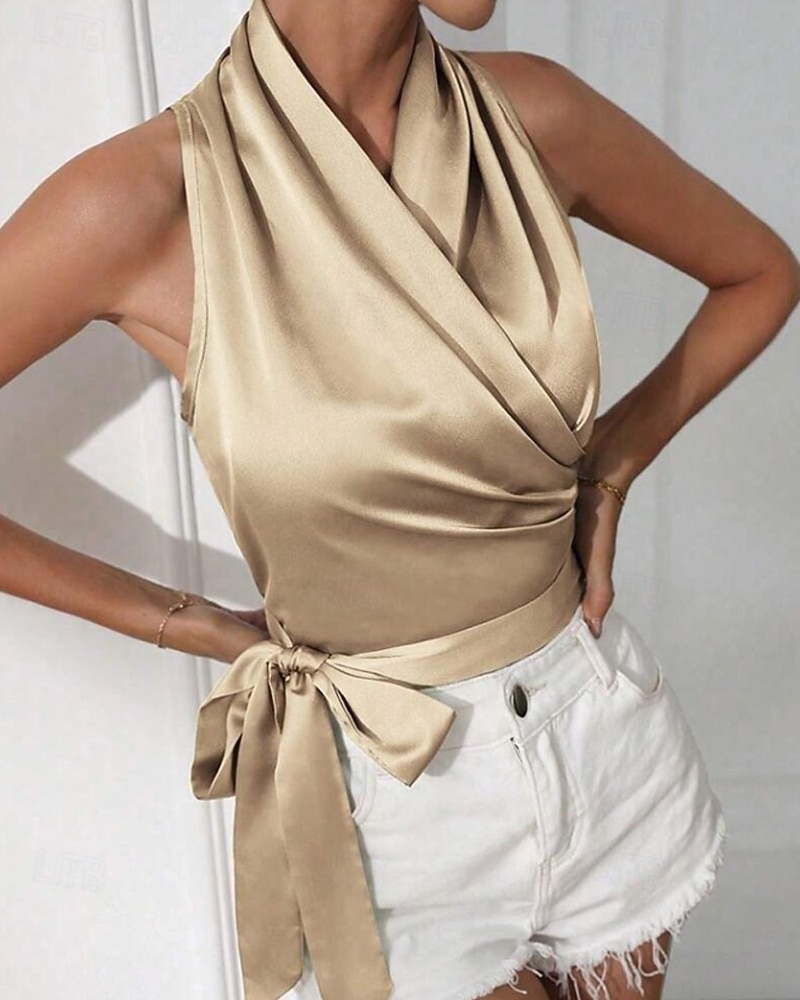 Жен. Блуза Открытая спина Полотняное плетение Стиль Секси Без рукавов НАЙКА НЕКО Обычные топы Праздники На выход Синий Черный Цвет шампанского Светло-зеленый Лиловый Лето Весна 2026 - BHD 10.12 –P14