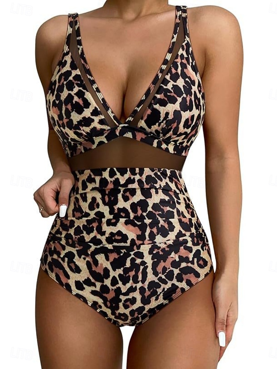 نسائي ملابس السباحة قطعة واحدة ملابس البحر ملابس السباحة شبكة بنطلون رياضي للبطن عالي الخصر ضعيف بدون ظهر العطلة ملابس الشاطئ جلد نمر أوراق V رقبة بدون كم بدلة سباحة 2026 - $21.99 –P4