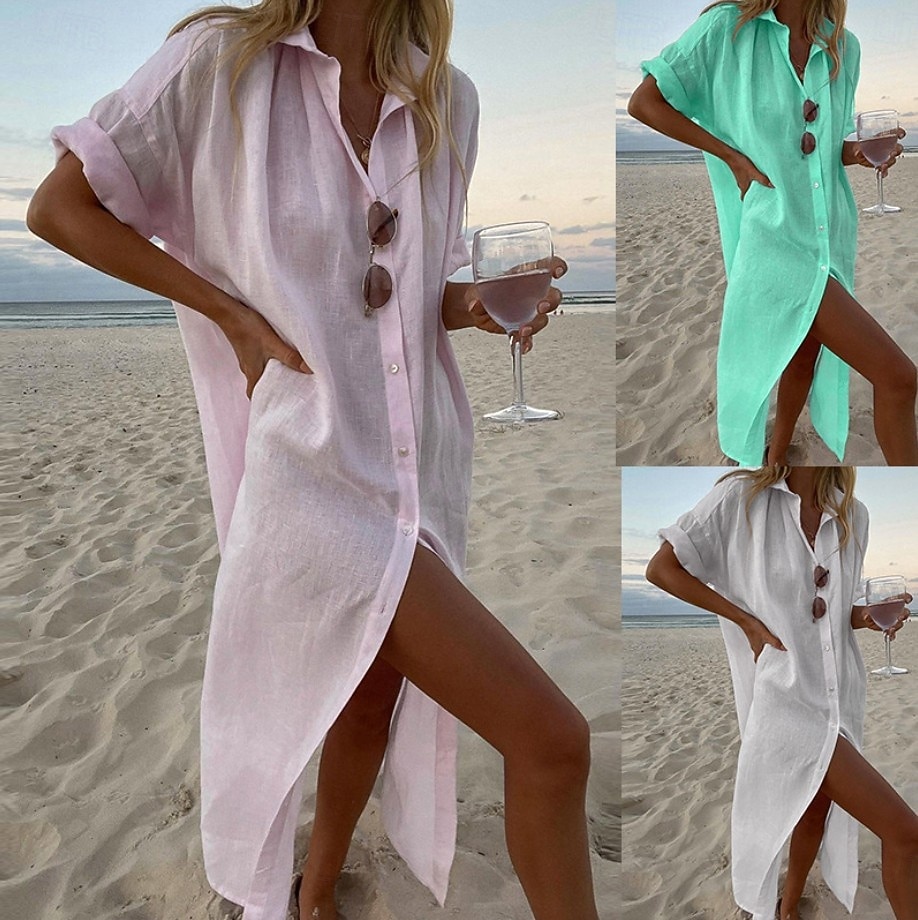Per donna Abito Midi Vestito Estivo Abito a Tubino Abito Estivo Spiaggia Quotidiano Ferie Vestibilità comoda Semplice Manica Corta Bavero Bianco Rosa Verde Estate del 2026 a $34.99 –P1