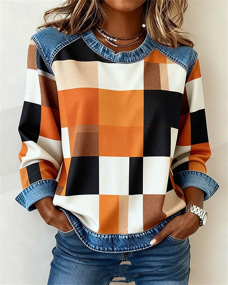 Women's Pullover Sweatshirt Patchwork Print Plaid Color Block Plain Elegant Warm Punk Long Sleeve Round Neck Regular Tops Home Work Street Dark Yellow Light Brown Orange Spring 2026 - $35.99 –P3