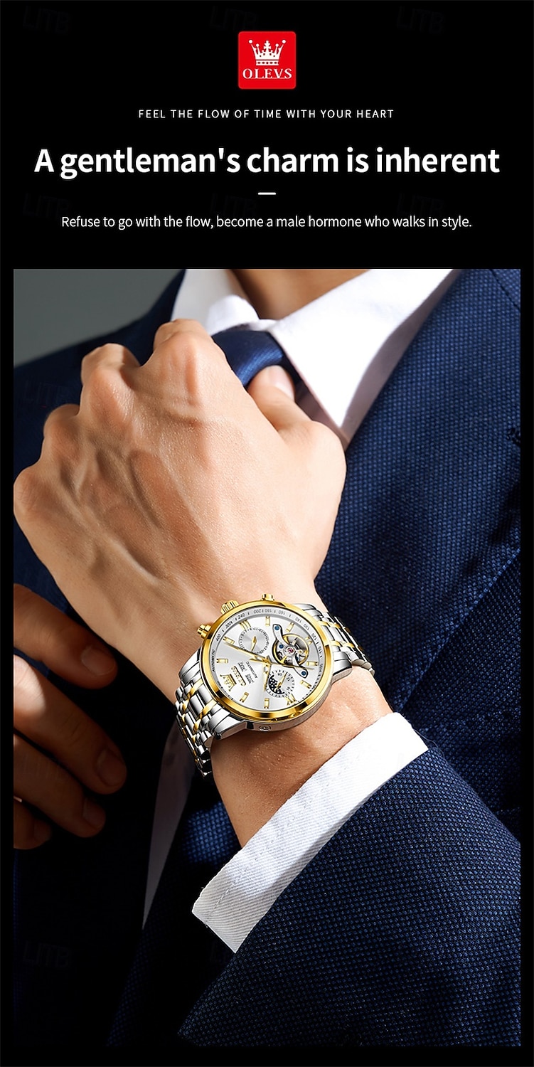 The New Olevs Men'S Business Watch With Luminous Perpetual Calendar Date And Day Display Multi-Functional Mechanical Watch Skeletonized Casual And Fashionable Waterproof Sports Men'S Wristwatch 2026 - $116.99 –P10