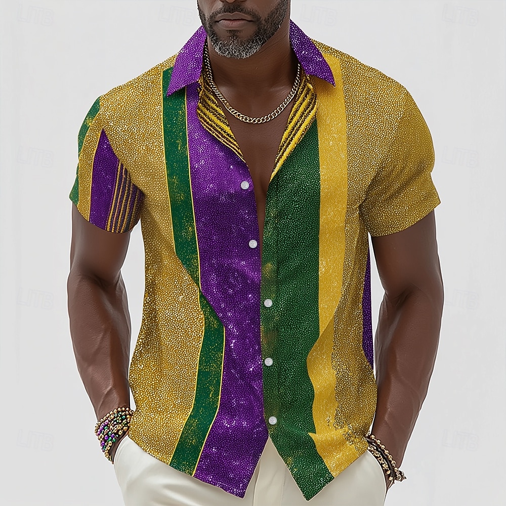 Mardi Gras Hombre Bloque de color Carnaval Camisa Abotonar la camisa Manga Corta Moda informal Fiesta Festivos Verano Primavera Cuello Vuelto Impresión 3D camisas con cuello Amarillo 2026 - $25.99 –P1