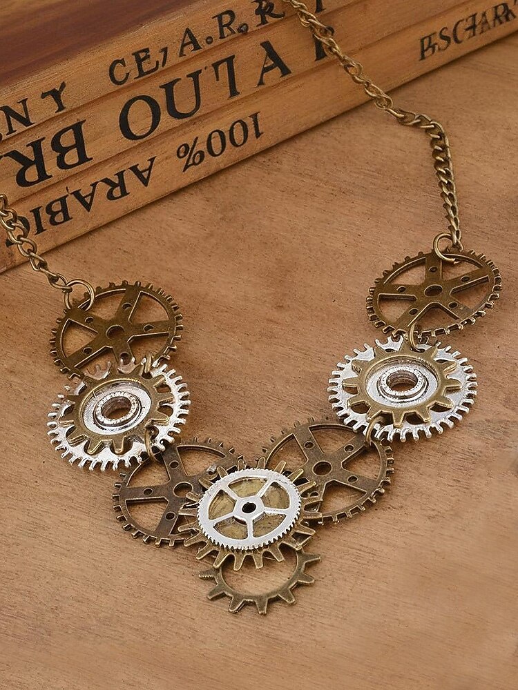 Dámský náhrdelník na Mardi Gras ve stylu steampunk s ozdobami - průmyslový kovový šperk pro karneval a tematické převleky 2026 - $11.99 –P6