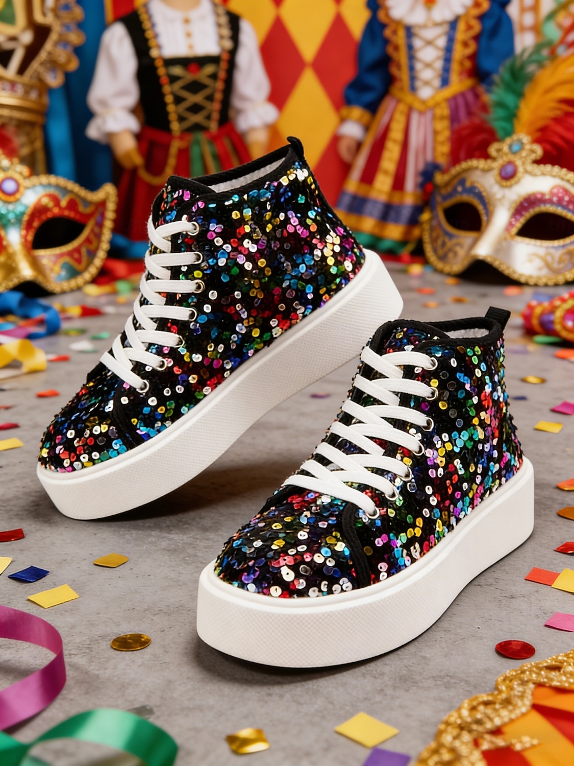Women's Mardi Gras Black Colorful Sequin High-Top Sneakers – Trendy Festival Shoes for Carnival, Parades and Street Parties 2026 - $46.99 –P1