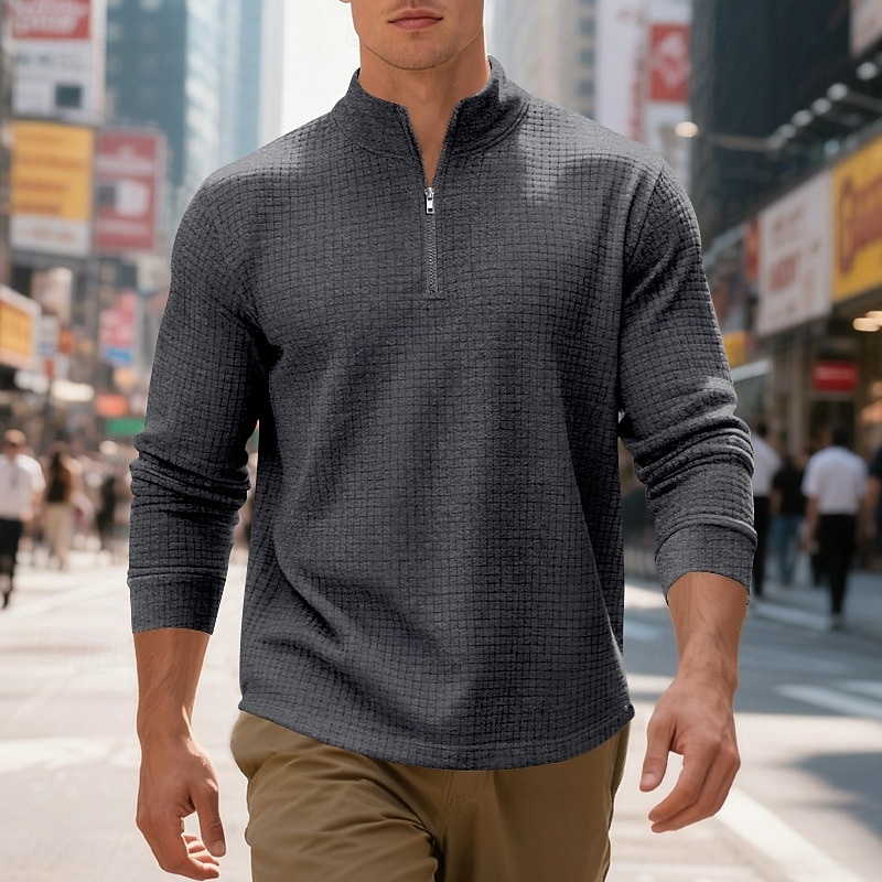 Per uomo Magliette Polo a Nido d'Ape Polo Vacanza Streetwear Zip a un quarto Manica Lunga Moda Essenziale Tinta unica Jacquard Primavera Autunno Vestibilità regolare Nero Bianco Vino Verde militare del 2026 a $22.99 –P23