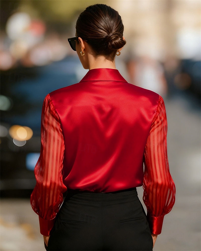 Mujer Camisa Elegant Top de satén Blusa Frunce Encaje Retazos Color sólido Plano Elegante Vintage Diario Manga Larga Cuello Camisero Tops regulares Diario Trabajo Festivos Negro Blanco Rojo Azul Real 2026 - $28.99 –P6