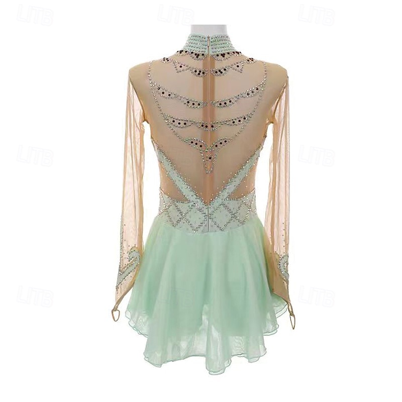 Kunstschaatsjurk Dames Voor meisjes Schaatsen Jurken Groen Lapwerk Duimopening Spandex Netstof Rekbaar Opleiding Oefenen Professioneel Kunstschaatskleding Thermisch Warm Kristal / Bergkristal Lange 2026 - $344.29 –P3