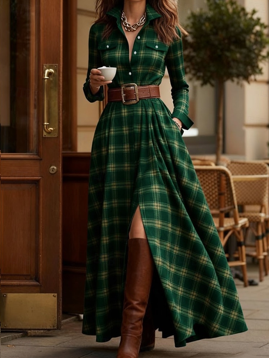 Damen Maxikleid Shiftkleid Urlaub Lässig Boho Täglich Normale Passform Karomuster Langarm Hemdkragen Blau Gelb Rosa Rote Frühling Herbst Winter 2026 - $58.99 –P6