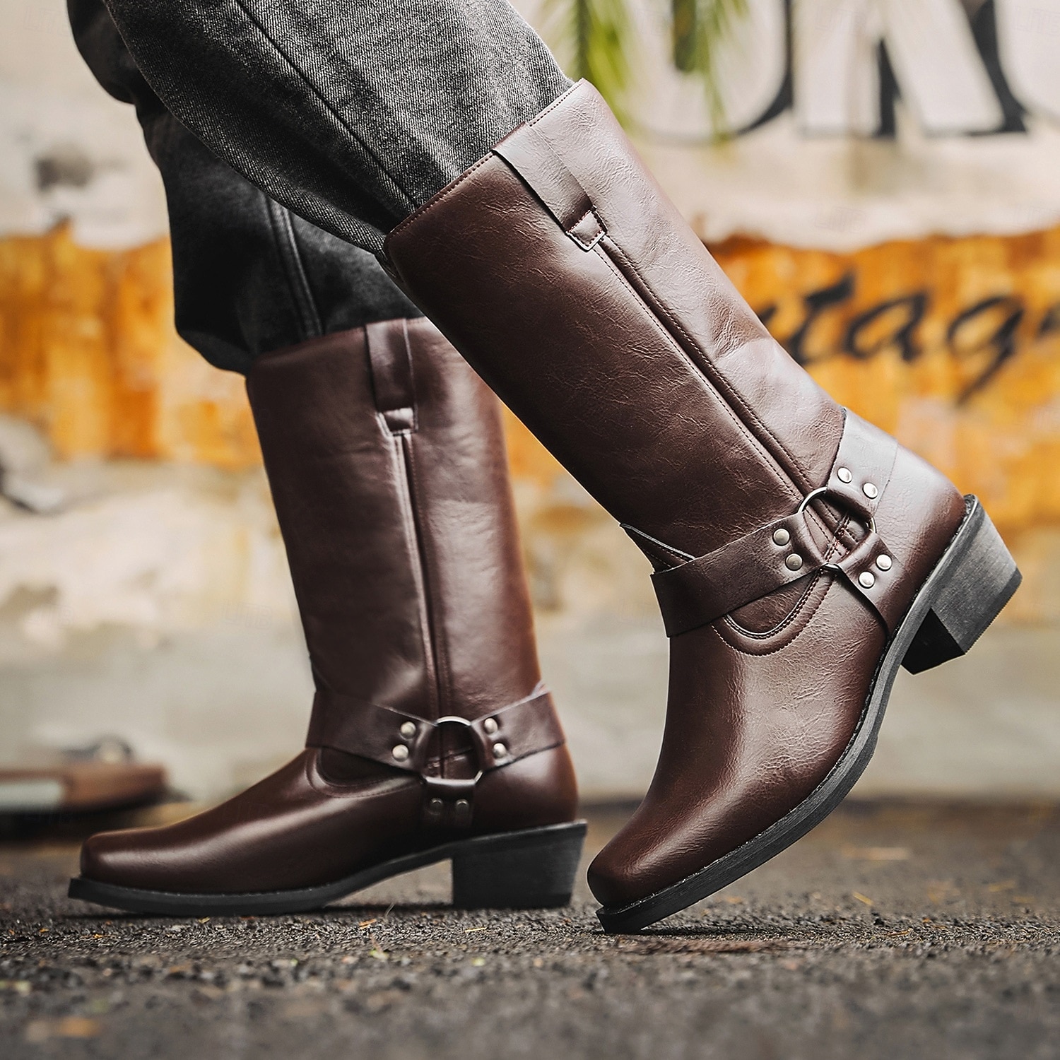 Herre Støvler Cowboy Western støvler Retro Gange Fritid Daglig PU Bekvem Støvletter Tøfler Mørkebrun Gulbrun Svart Vår Høst 2026 - $64.99 –P2