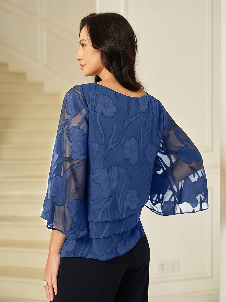 Per donna Camicetta trasparente Top in chiffon Pizzo Orlo asimmetrico Floreale Elegante Manica 3/4 Girocollo Top Regolari Quotidiano Ospite di nozze Wedgewood Estate Primavera Autunno del 2026 a $59.99 –P2