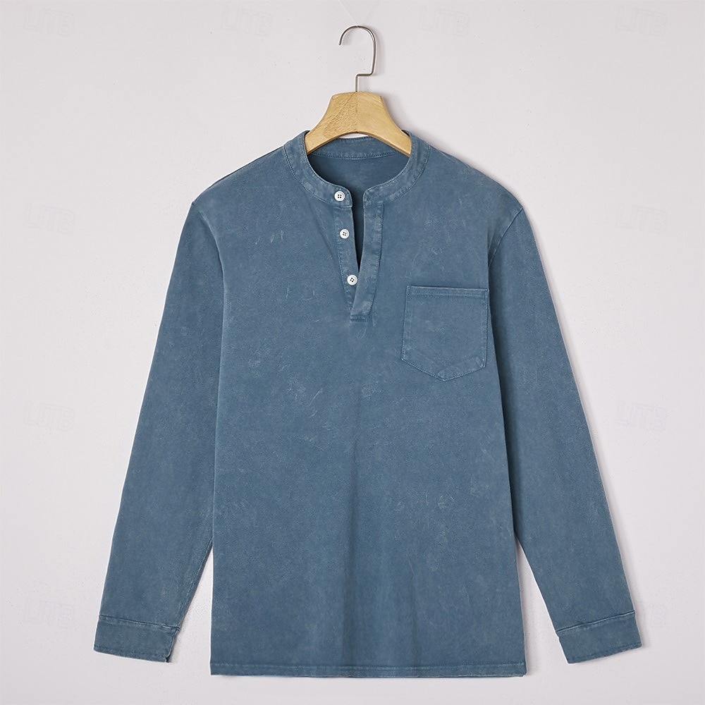 Per uomo Maglia Henley Camicia 100% cotone lavaggio acido Manica Lunga Henley Primavera Autunno Tutte le stagioni Tinta unica Vintage Retrò Vintage Casual Stile Vintage Tinto in capo Lavato Casuale del 2026 a $31.99 –P5
