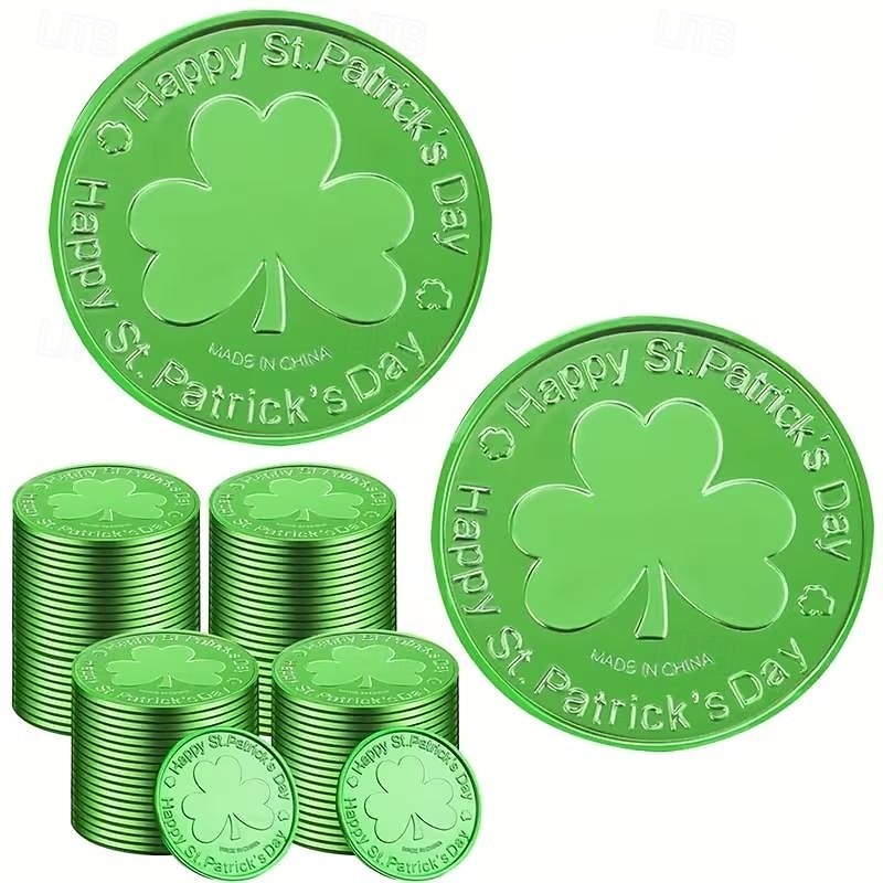 100 monedas de oro para el Día de San Patricio, monedas de la suerte de oro y verde, monedas de duende de trébol de plástico, moneda de trébol de 3 hojas para decoración de fiestas. 2026 - $19.99 –P6