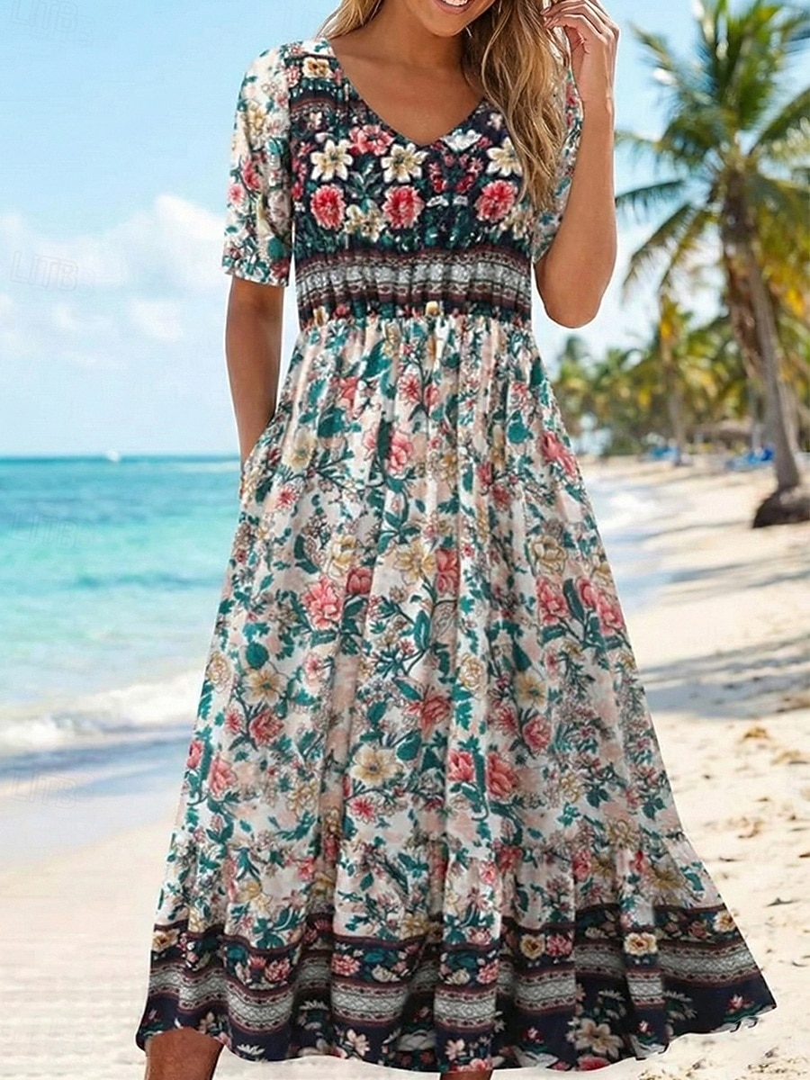 Damen Maxikleid Freizeitkleid Schwingkleid A Linie Kleid Boho-Kleid Lässig Täglich Herbstkleid Normale Passform Blumen Kurzarm V Ausschnitt Schwarz Rote Marineblau Königliches Blau Frühling Herbst 2026 - $29.99 –P1
