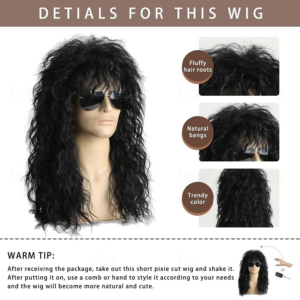 Herenpruik uit de jaren 80, lange zwarte krullende mulletpruik, herenkostuum, heavy metal rocker voor verkleedfeestjes en cosplay. 2026 - $32.99 –P5